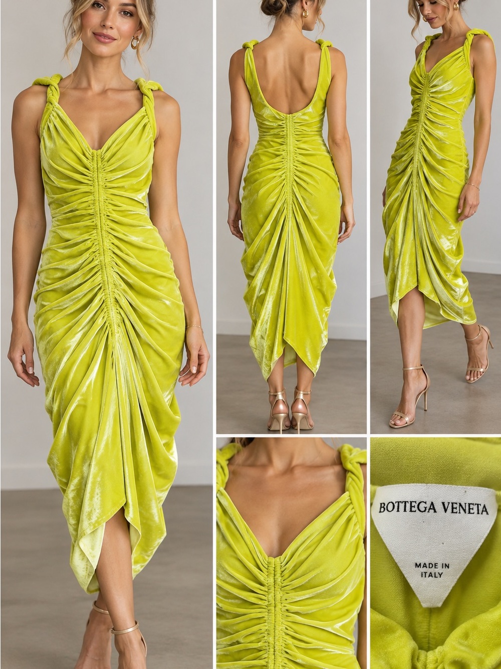 Bottega Veneta Lime Velvet Ruched High-Low Dress